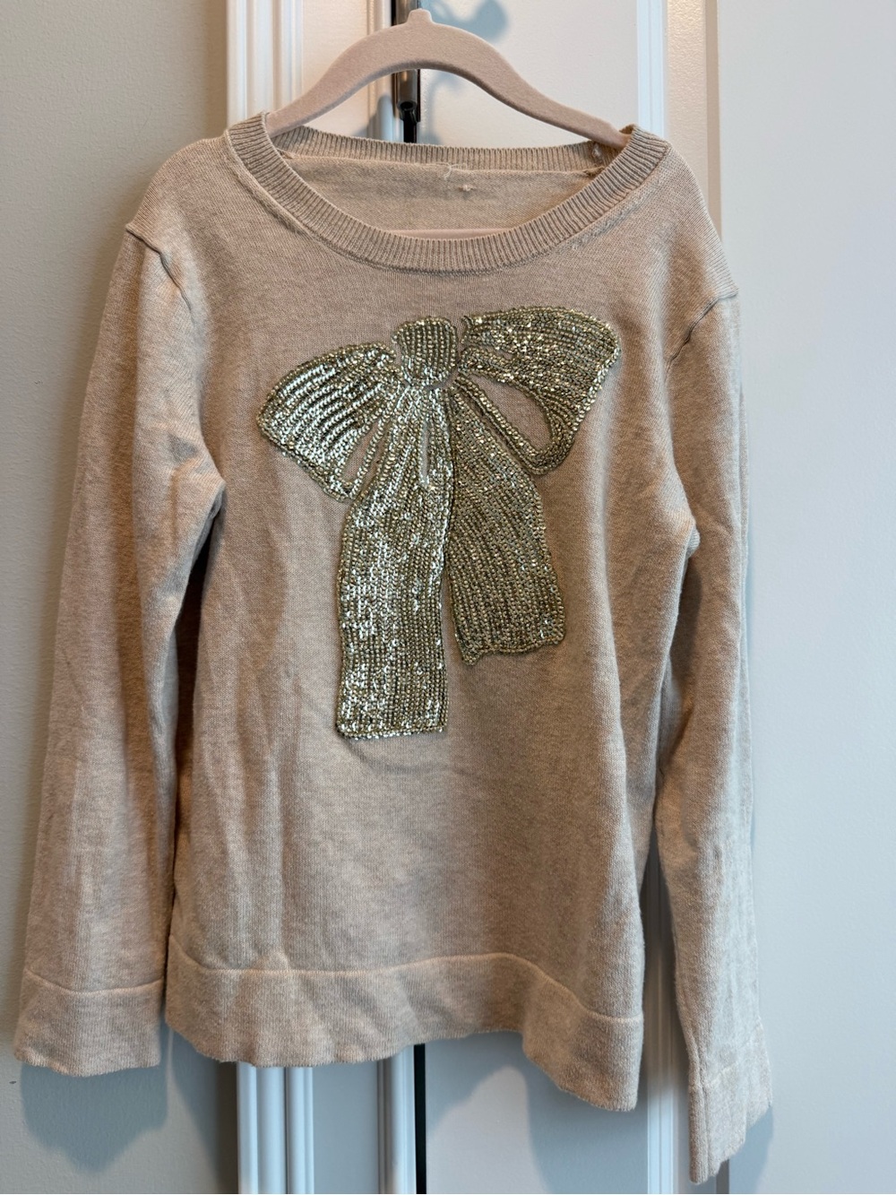 Crewcuts Cream Sweater with Gold Sequin Bow